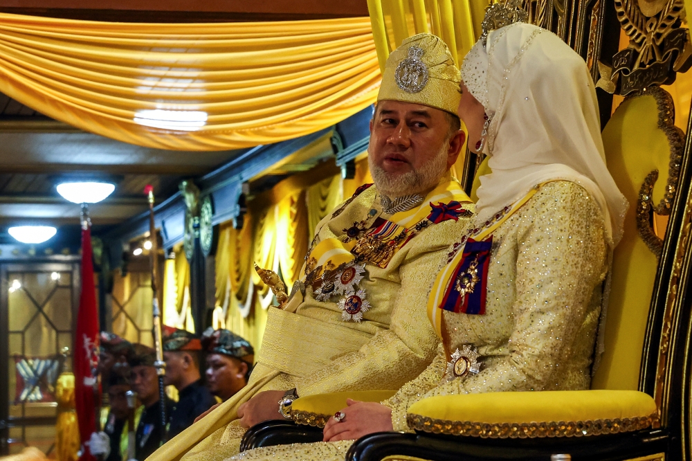 Sultan Muhammad V and his wife, Sultanah Nur Diana Petra Abdullah at the Kelantan palace  investiture ceremony in Kota Baru in conjunction with his 55th birthday on September 29, 2024. — Bernama pic