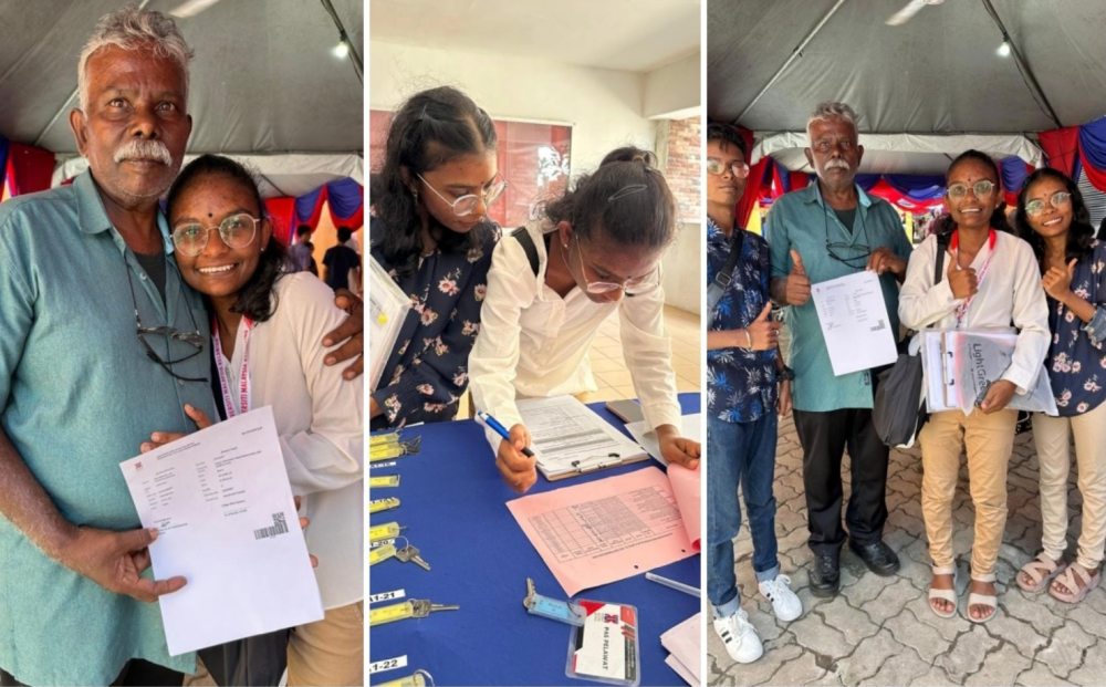 Retiree Chinnakaruppan and his daughter, Kalaimagal beam with happiness at the kindness of strangers who helped fund her enrolment at Universiti Malaysia Kelantan (UMK). — Bernama pic