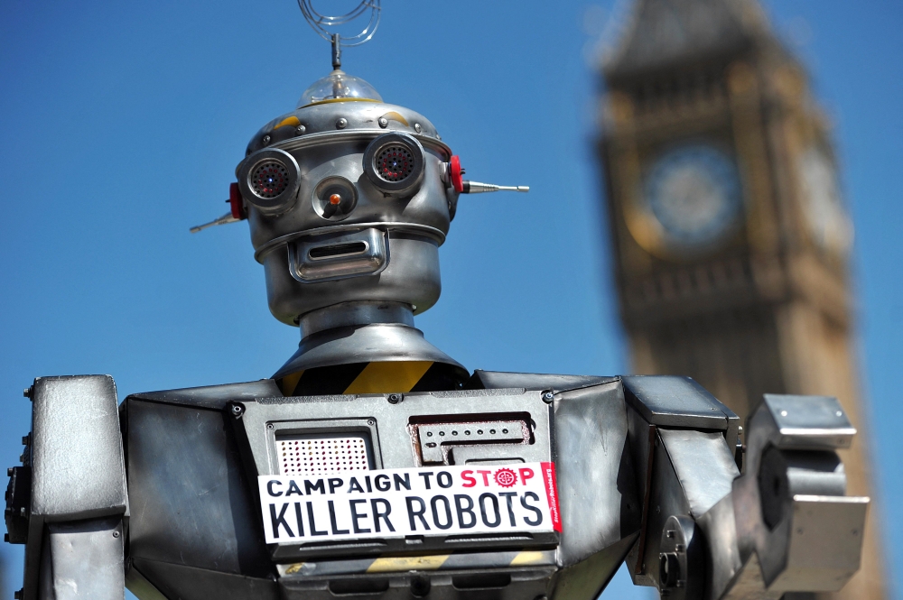 A file photograph shows a mock ‘killer robot’ in central London during the launching of the Campaign to Stop 
