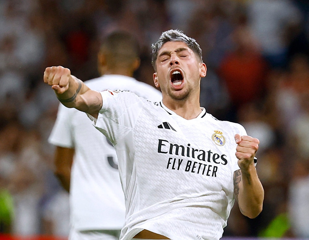 Real Madrid's Federico Valverde celebrates scoring against Villarreal in their LaLiga match at Santiago Bernabeu, Madrid, Spain, on October 5, 2024. — Reuters pic