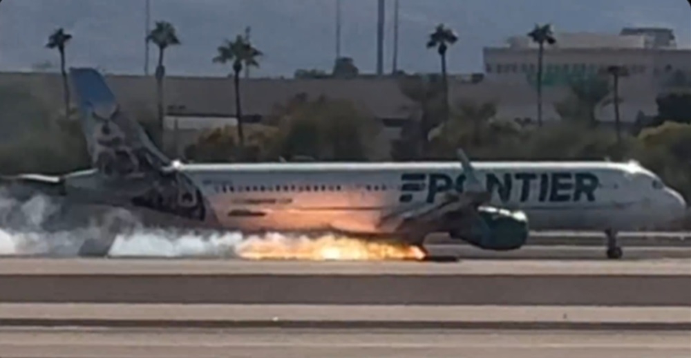 A Frontier Airlines flight 1326 has caught fire during a hard landing at Harry Reid International Airport in Las Vegas. — Picture via X/@TylerHerrick