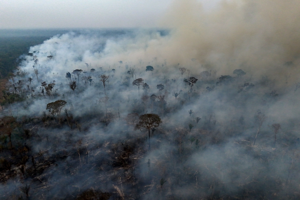 Aerial view of an illegal fire in the Amazon rainforest on the banks of the BR-230 (Transamazon Highway), near the city of Labrea, Amazonas state, northern Brazil, taken on September 4, 2024. — AFP pic