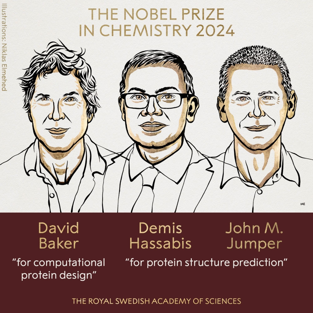 Scientists David Baker, Demis Hassabis and John Jumper won the 2024 Nobel Prize in Chemistry for their research into proteins. — Picture via social media/@NobelPrize