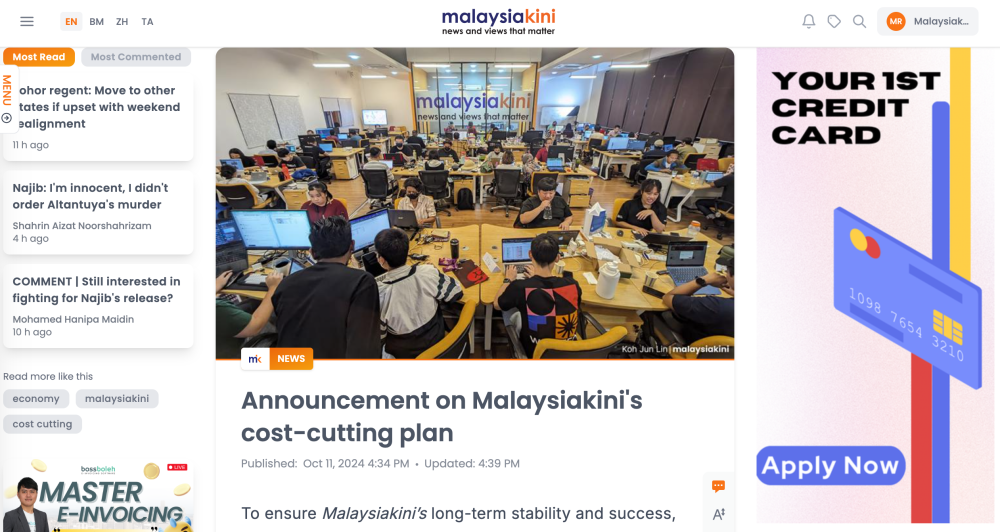 A screen grab of news portal Malaysiakini announcing its company-wide restructuring plan on October 11, 2024. 
