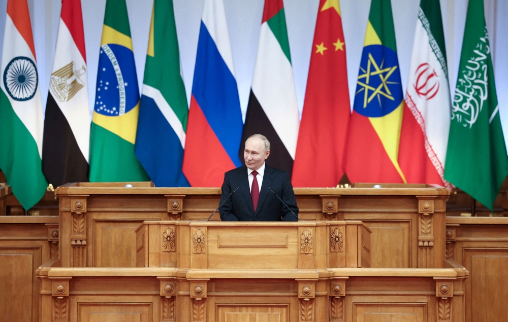 Russian President Vladimir Putin speaks at the BRICS Parliamentary Forum in Saint Petersburg, Russia, on July 11, 2024. — Reuters pic