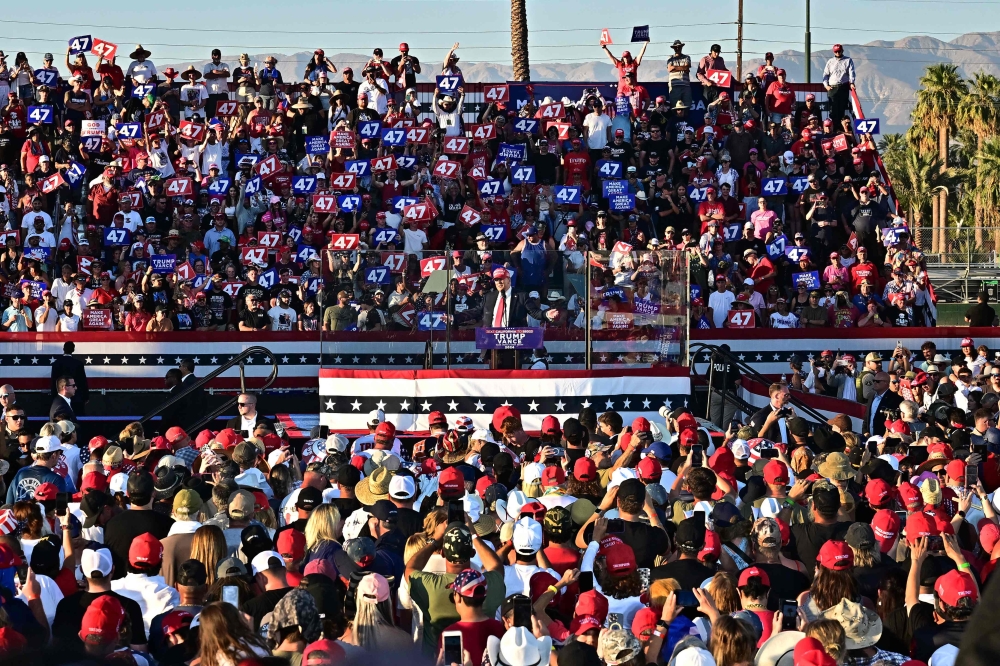Former US President and Republican presidential candidate Donald Trump speaks during a campaign rally at Calhoun Ranch in Coachella, California, October 12, 2024. — AFP pic