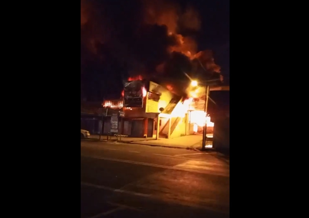 Pasar Besar Kuala Krai caught fire early this morning, destroying the entire upper section of the market. — Video screencap via Fire and Rescue Department/social media