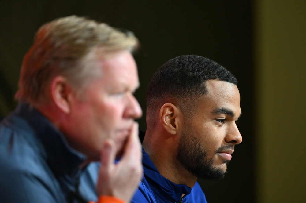 Netherlands coach Ronald Koeman and Cody Gakpo are during a press conference in Munich October 13, 2024. — Reuters pic