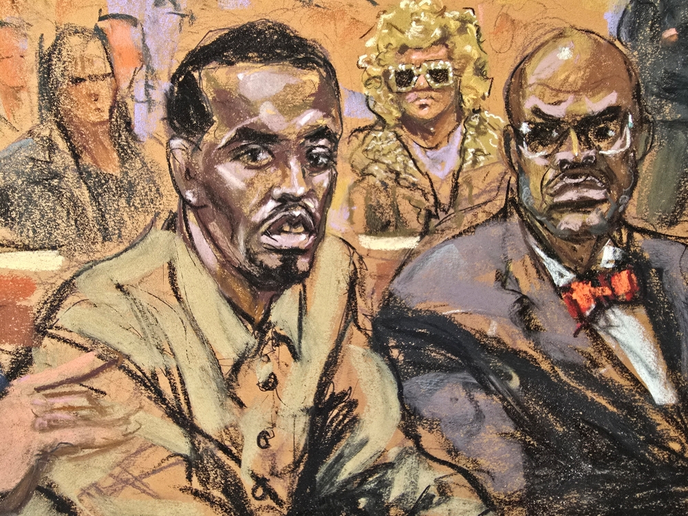 Sean 'Diddy' Combs', accompanied by attorney Anthony Ricco, and with his mom seated in the back, attends a hearing in federal court in the Manhattan borough of New York City, U.S., October 10, 2024 in this courtroom sketch. — Reuters pic  