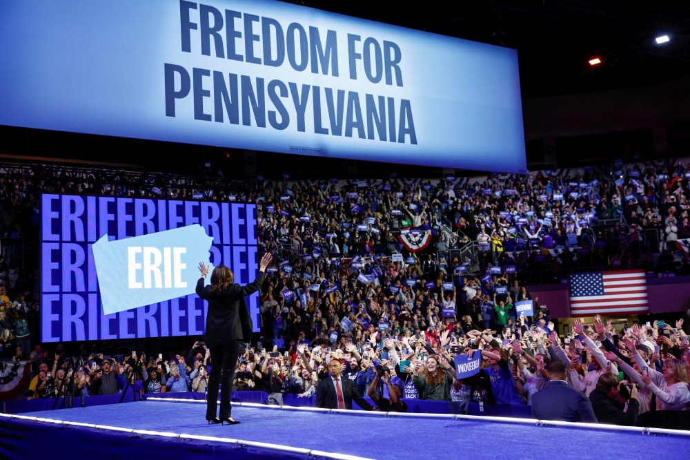 Kamala Harris' trip to Pennsylvania yesterday is her 10th to the battleground state since becoming the Democratic candidate in July. The state's 19 electoral college votes will be pivotal to the election outcome. Reuters pic