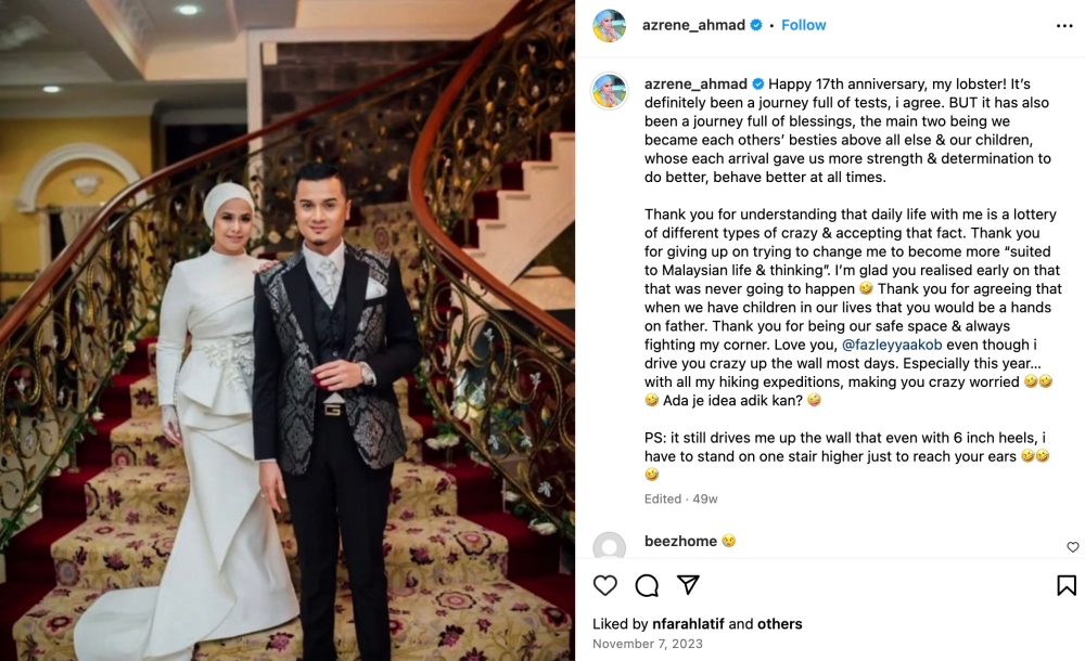 Chef Fazley Yaakob confirmed his amicable split with Azrene Ahmad after 18 years of marriage. — Pic via Instagram/Azrene Ahmad