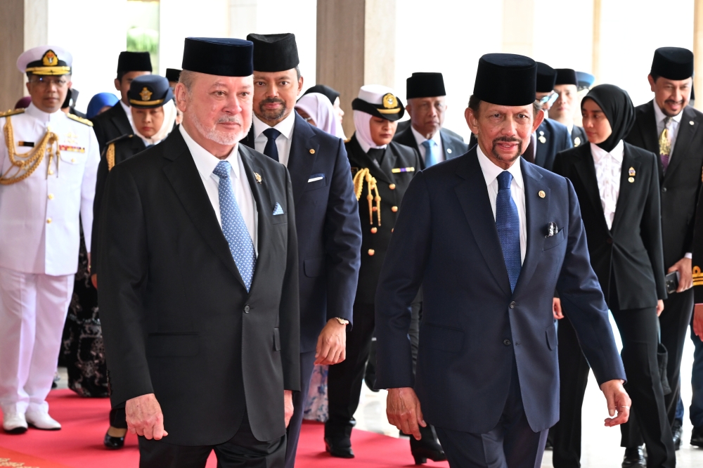 His Majesty Sultan Ibrahim and Sultan Hassanal Bolkiah of Brunei are seen during the Malaysia King’s official visit to Brunei at Istana Nurul Iman in Bandar Seri Begawan October 14, 2024. — Bernama pic