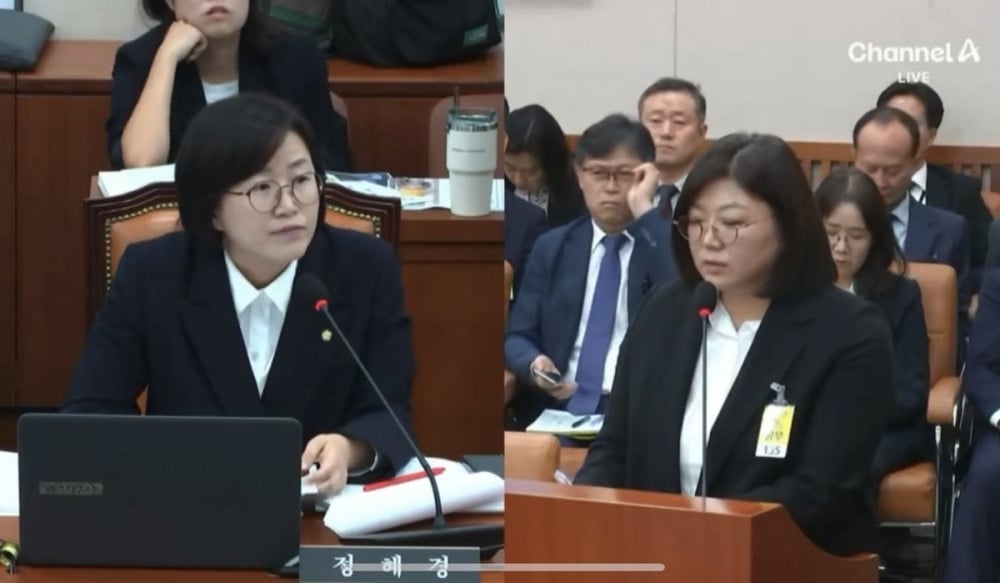 National Assembly Environment and Labour Committee member Jeong Hye-kyung insisted ADOR CEO Kim Joo-young provide a detailed report on the case of an employee's death believed to be due to overwork. — Screenshot from Allkpop