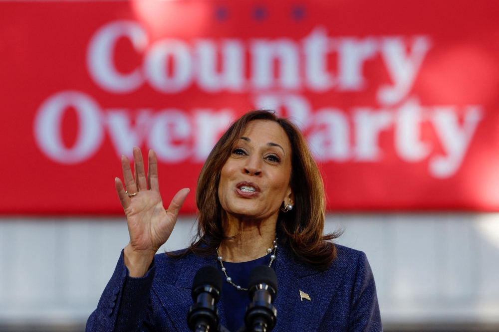Democratic presidential nominee and U.S. Vice President Kamala Harris speaks during a campaign event in Washington Crossing, Pennsylvania, U.S., October 16, 2024. — Reuters pic