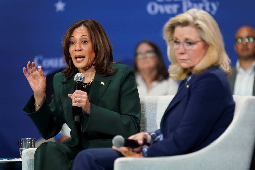 Democratic presidential nominee US Vice President Kamala Harris attends a conversation moderated by Charlie Sykes with former US Rep. Liz Cheney in Brookfield, Wisconsin, October 21, 2024. — Reuters pic