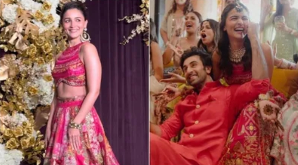 Alia Bhatt re-wears her mehndi lehenga, a sentimental piece designed for her wedding celebration (right pic) by Manish Malhotra. — Pic via Facebook
