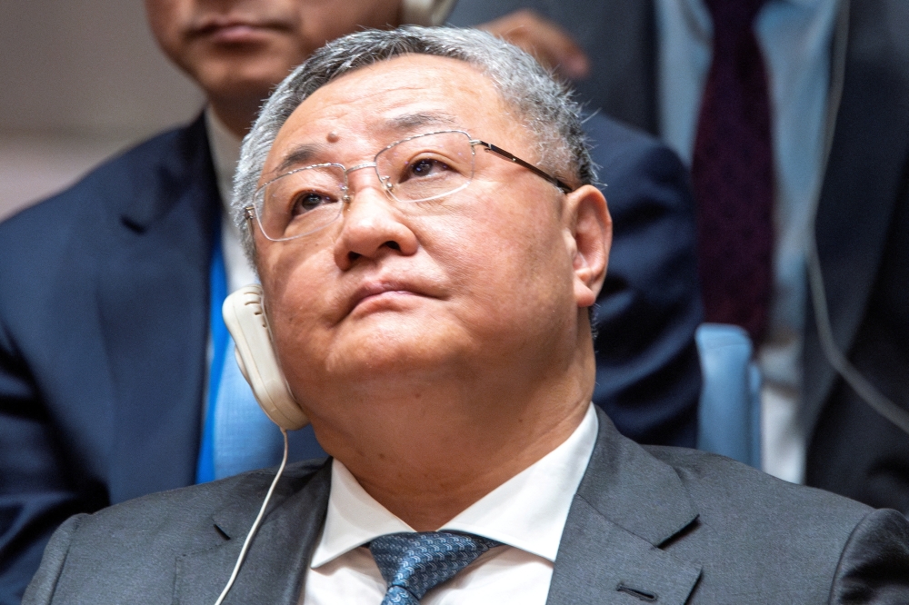 File picture of permanent representative of China to the UN, Fu Cong looking on after US Deputy Ambassador to the United Nations Robert Wood voted against members of the Security Council allowing Palestinian UN membership during a Security Council at UN headquarters in New York City, New York, April 18, 2024. — Reuters pic