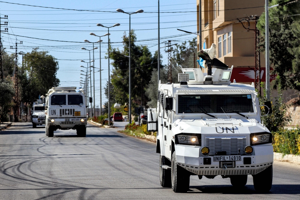 Armoured vehicles of the United Nations Interim Force in Lebanon (Unifil) patrol along a road in Marjeyoun in southern Lebanon, October 23, 2024. The Malaysian government is prepared with an evacuation plan should the UN decide to withdraw peacekeeping forces, including the Malaysian Battalion (Malbatt) 850-11, from Lebanon following heightened tensions in the country. — AFP pic 