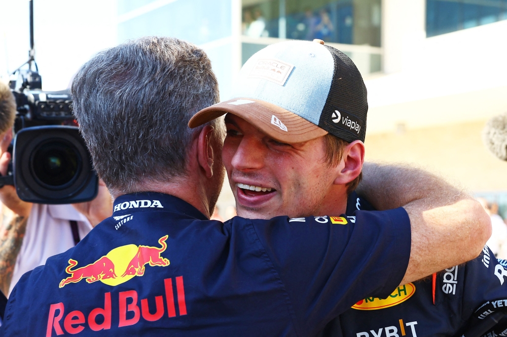 Max Verstappen of the Netherlands (right) embraces Oracle Red Bull Racing Team Principal Christian Horner during the F1 Grand Prix of United States at Circuit of The Americas on October 20, 2024 in Austin, Texas. — AFP pic
