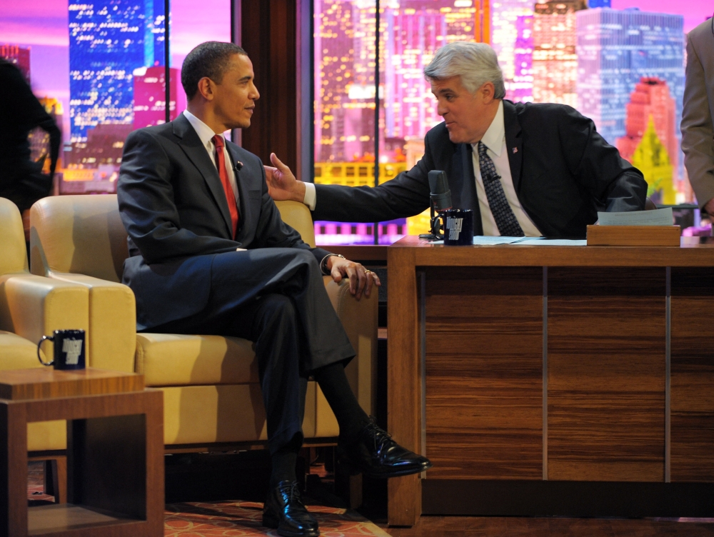 US President Barack Obama is seen with host Jay Leno during a taping of ‘The Tonight Show’ at NBC studios in Burbank, California, on March 19, 2009. America’s late night talk shows once were appointment viewing, but with ratings tanking and ad revenues plummeting, their coveted place on the small screen is in question. — AFP pic 