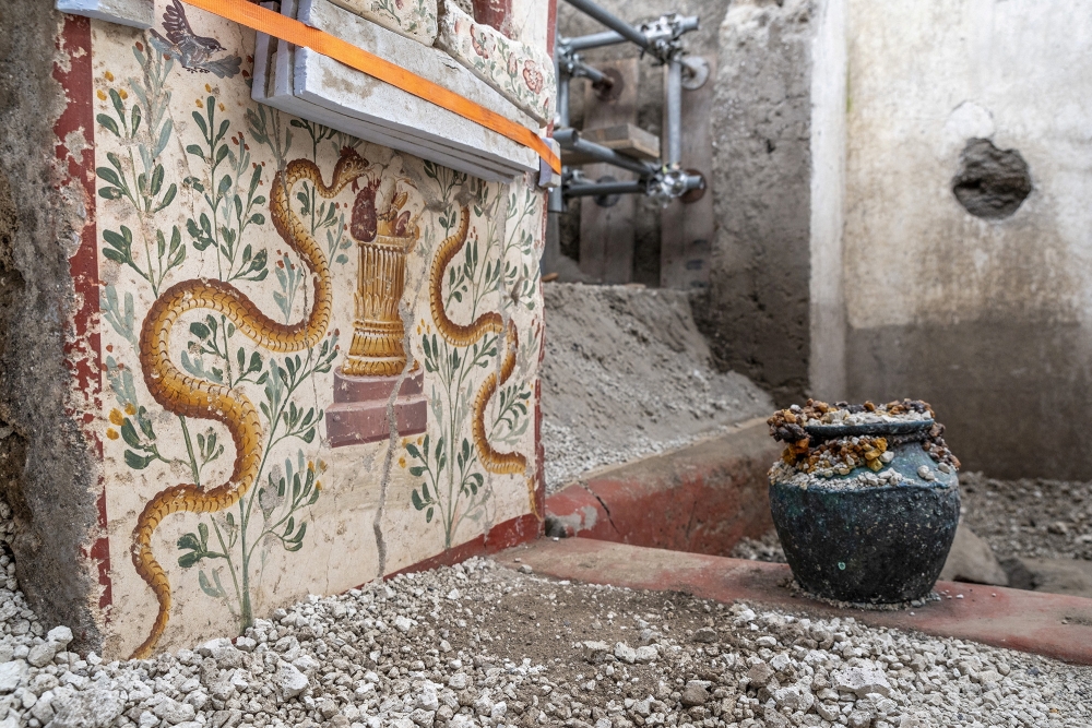 A detail of a richly decorated but uncommonly small house with finely preserved frescoes of mythological scenes is pictured in the archaeological site in Pompeii, Italy, in this handout photo obtained by Reuters on October 24, 2024. — Parco Archeologico di Pompei handout pic via Reuters 