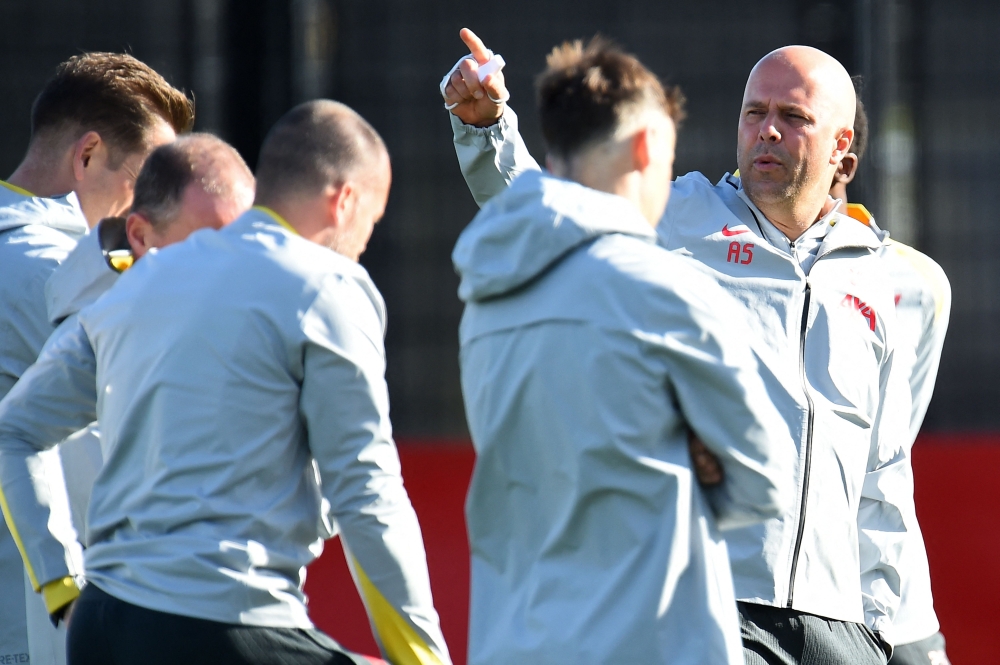 Liverpool's Dutch manager Arne Slot takes part in a training session, at the AXA training centre in Liverpool, north west England, on October 22, 2024, on the eve of their UEFA Champions League football match against RB Leipzig.— AFP pic