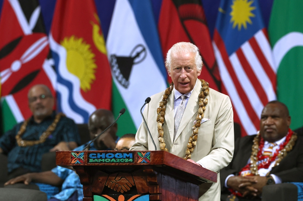 Britain's King Charles III delivers a speech during the opening ceremony for the Commonwealth Heads of Government Meeting (CHOGM) in Apia, Samoa October 25, 2024. — Manaui Faulalo/Pool/AFP pic 