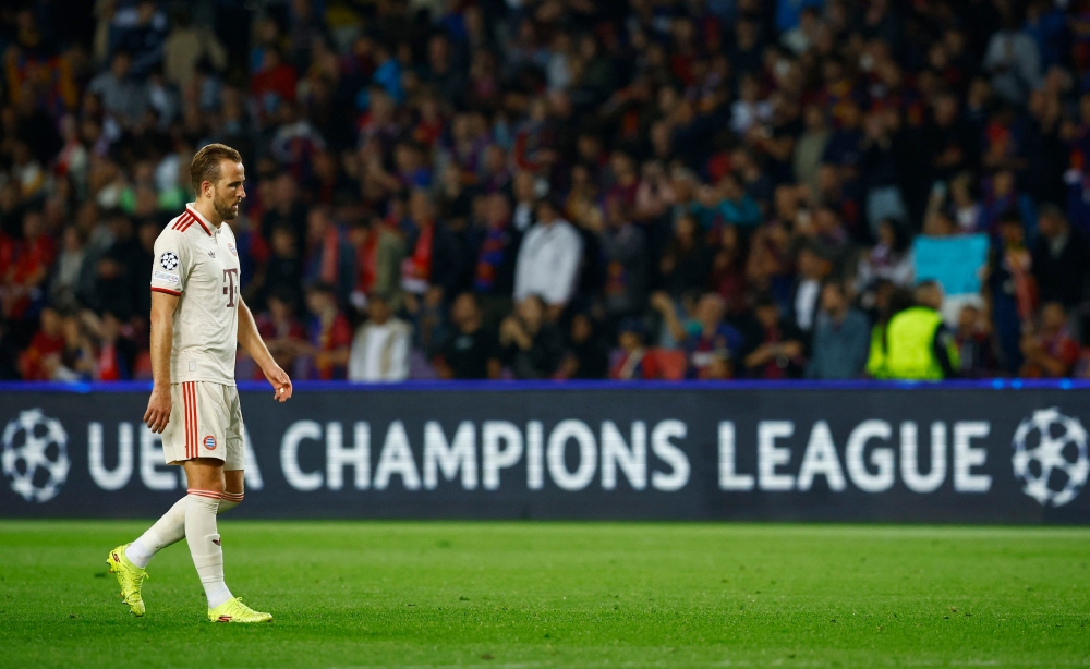 Bayern Munich’s Harry Kane looks dejected after the Uefa Champions League match with Barcelona in Barcelona October 23, 2024. — Reuters pic