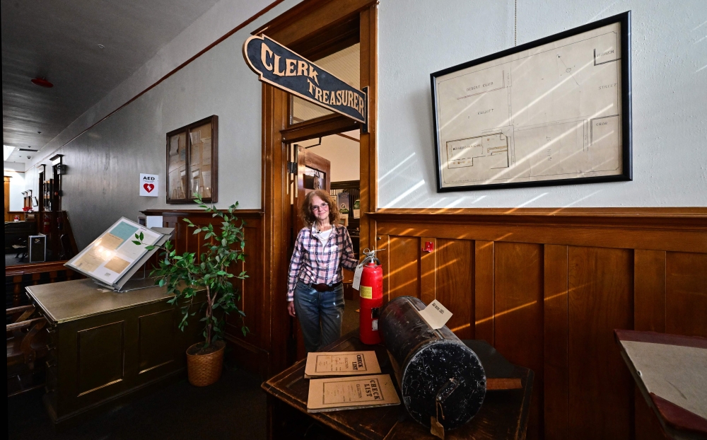 Retired schoolteacher Mary Jane Zakas poses inside the historic Esmeralda County Courthouse in Goldfield, Nevada October 17, 2024, where casting and counting of ballots takes place for the state's least populous Esmeralda County. ‘I do not trust the results from the 2020 election,’ says Zakas, who is part of an effort to recall Cindy Elgan as county clerk. — AFP pic