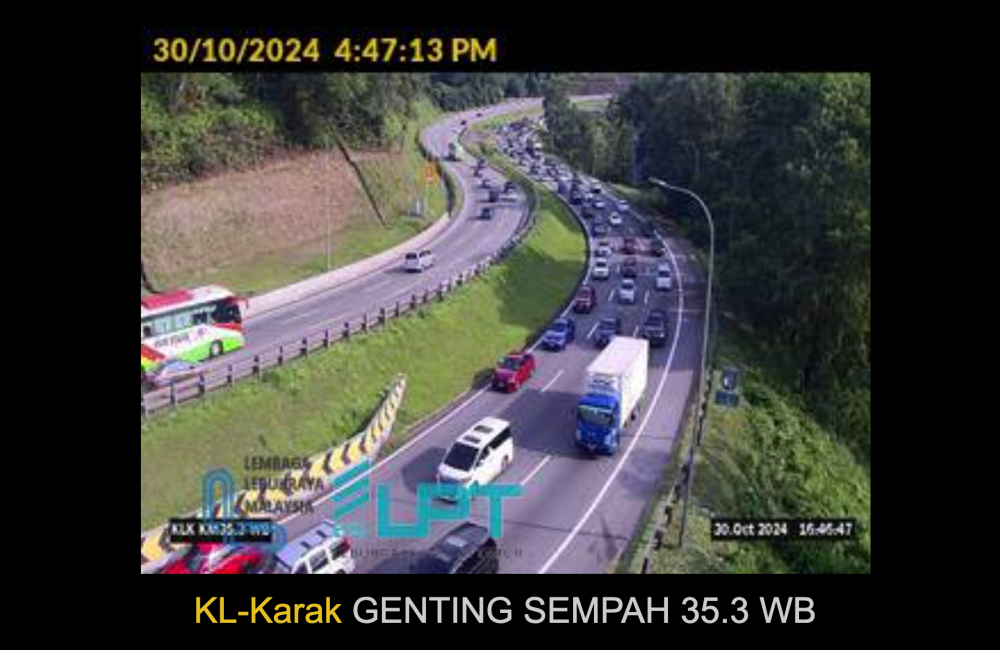 A screenshot from the Malaysian Highway Authority’s live CCTV footage showing traffic flow on the KL-Karak Highway at Genting Sempah 35.3 EB 4.47pm on October 30, 2024.