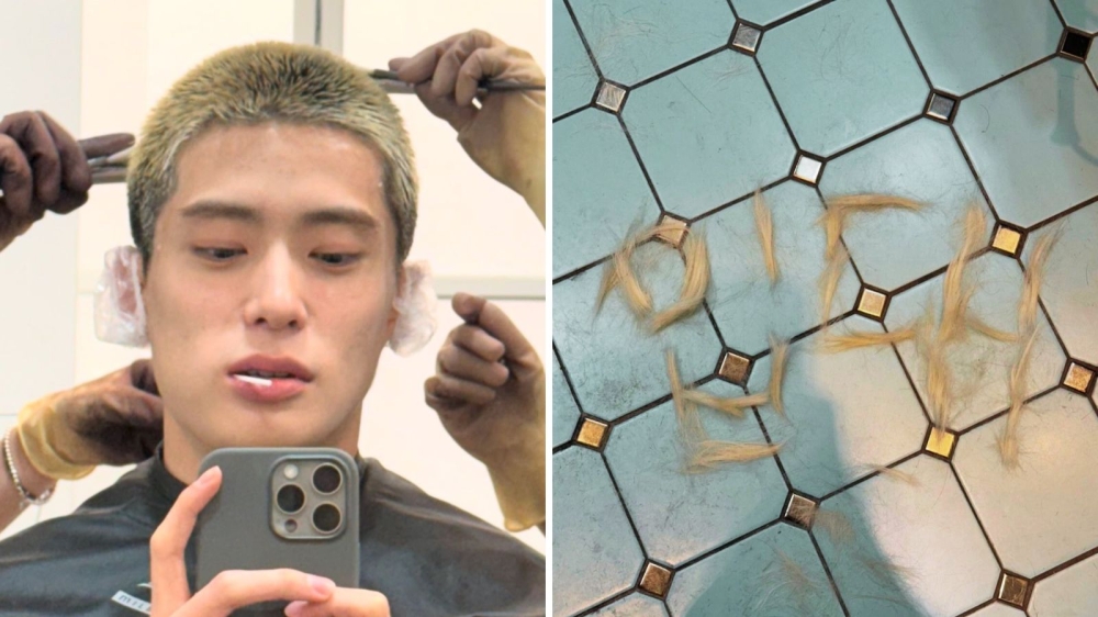 NCT's Jaehyun shared humourous photos of his military buzz cut and a creative rendition of the Korean word for 'enlistment. — Picture composite via Instagram/NCT Jaehyun