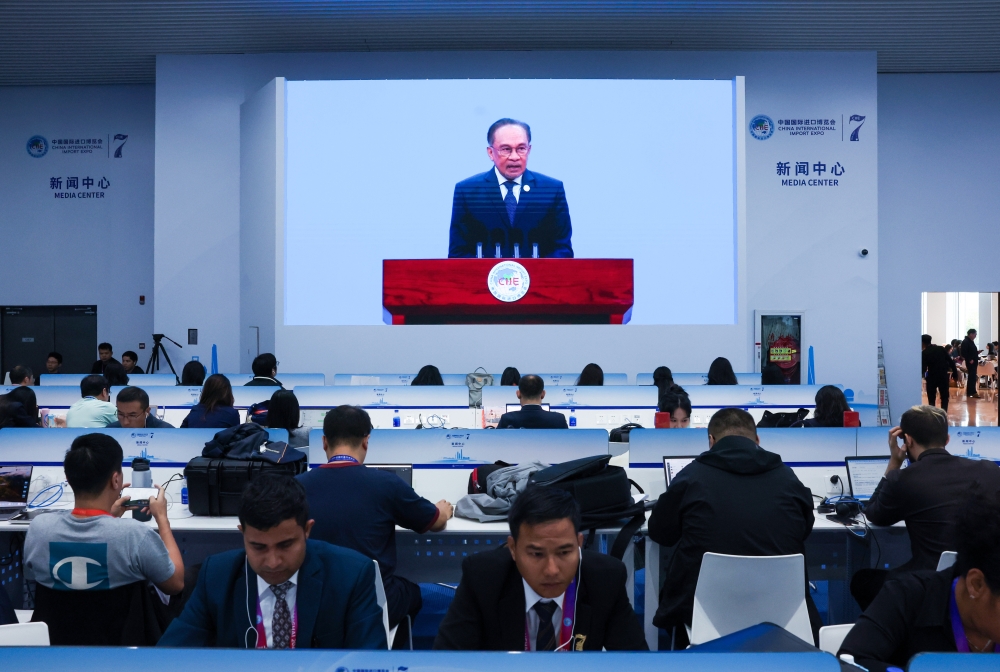 Prime Minister Datuk Seri Anwar Ibrahim delivers a speech at the opening ceremony for the 7th China International Import Expo (CIIE) at the National Exhibition and Convention Centre (NECC) in Shanghai, November 5, 2024. — Bernama pic 