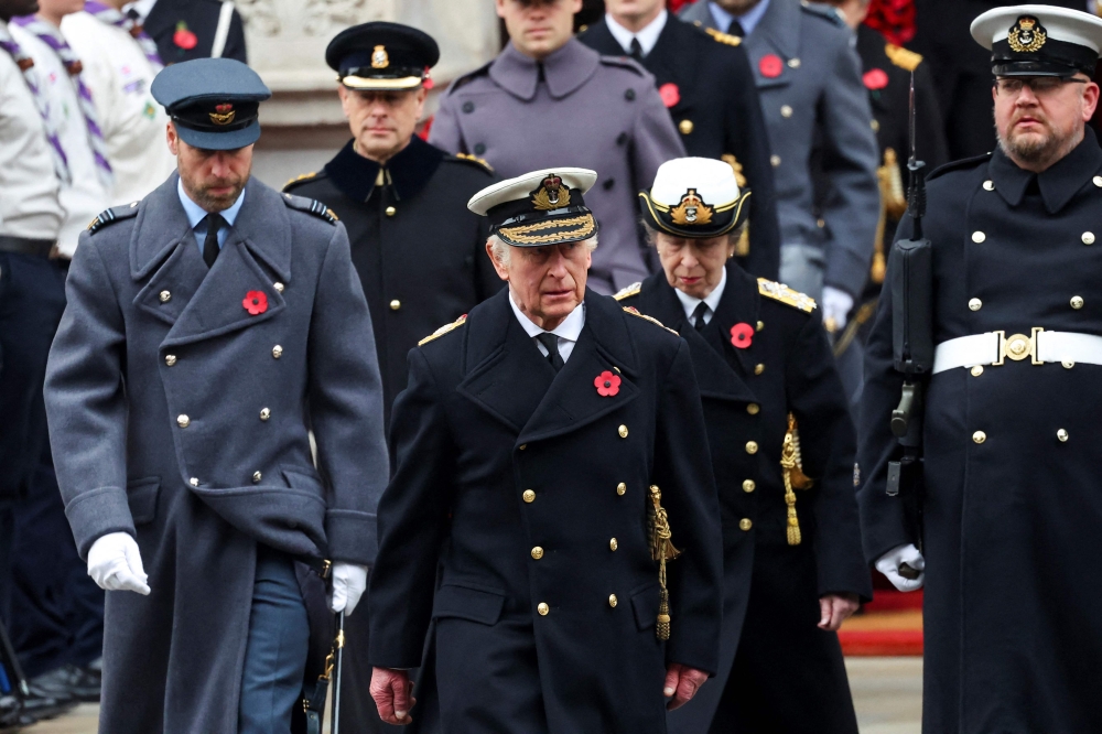 Prince William, Prince of Wales; King Charles III and Princess Anne, Princess Royal, at the remembrance service on Sunday. — AFP pic