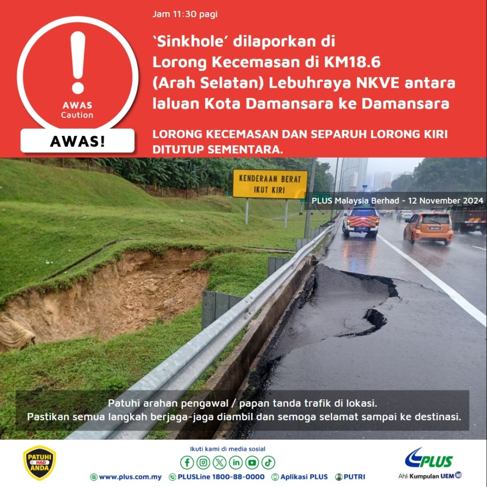 Plus Malaysia Bhd reported on its official Facebook page that the sinkhole was located along the KM18.6 southbound stretch, between the Kota Damansara and Damansara exits. — Picture via Facebook/Plus Malaysia
