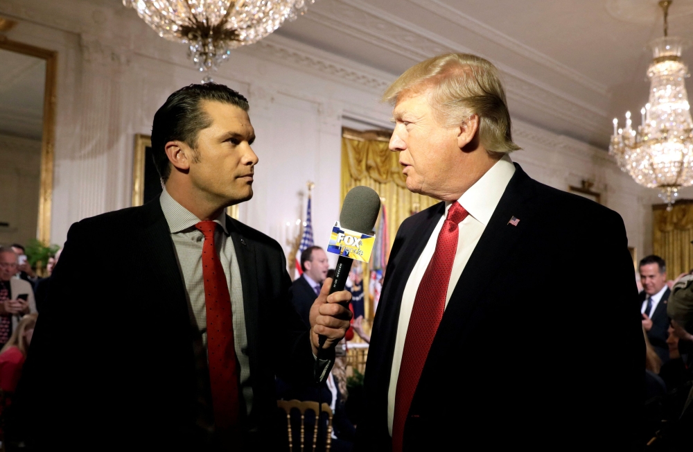 U.S. President Donald Trump is interviewed by Fox and Friends co-host Pete Hegseth at the White House in Washington, U.S. April 6, 2017. — Reuters pic