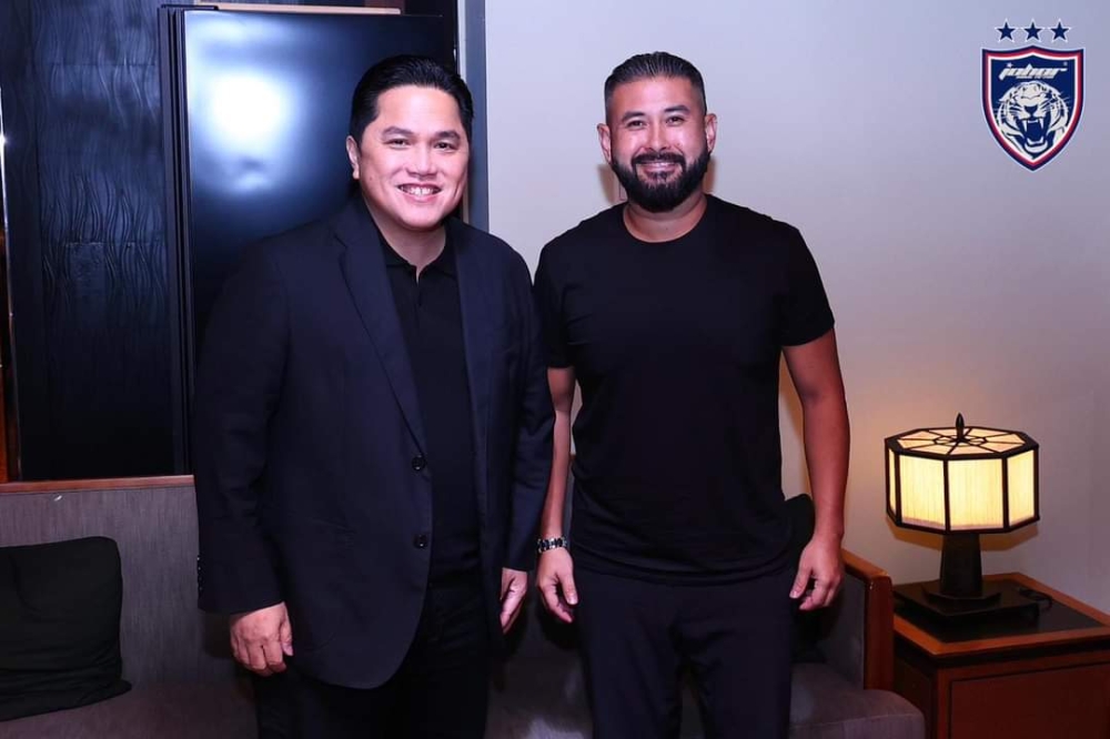 The Regent of Johor, Tunku Mahkota Ismail with Indonesian Football Association chairman Erick Thohir. — Picture via Facebook 