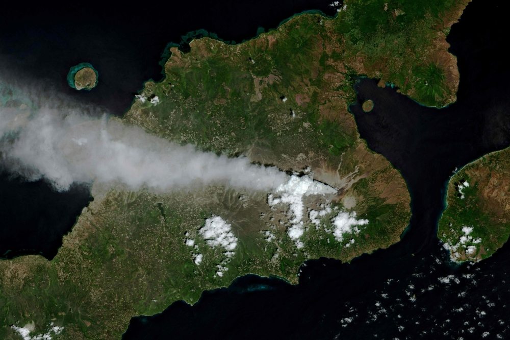 Satellite image captured by the Copernicus Sentinel-2 mission shows the eruption of Mount Lewotobi Laki Laki in East Nusa Tenggara, Indonesia on November 13, 2024. — AFP pic