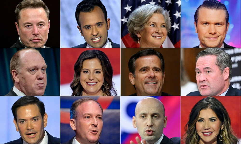 This combination of pictures created on November 12, 2024 shows (from top left), Elon Musk, Vivek Ramaswamy, Susie Wiles, Pete Hegseth. (From centre, left) Thomas Homan, Elise Stefanik, John Ratcliffe, and Mike Waltz. (From bottom left) Marco Rubio, Lee Zeldin, Stephen Miller and Kristi Noem. — AFP pic 