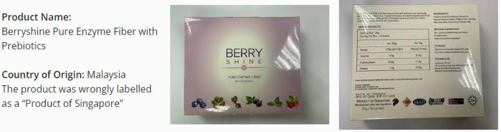 The SFA found that the Berryshine drink, marketed as a fibre enzyme product, contained sennosides, a substance used to relieve constipation that could also cause abdominal pain, diarrhoea, and muscle weakness. — Picture from Facebook/Singapore Food Agency