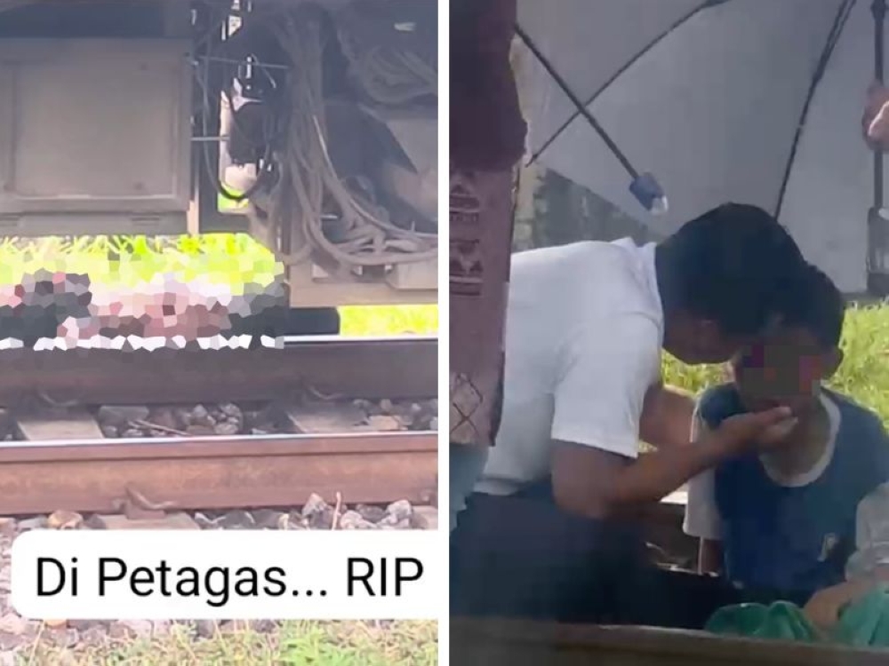 Picture composite of screenshots from vids taken from social media showing where the mother's body was found and her son being comforted by passers-by. — Pictures via social media/WhatsApp