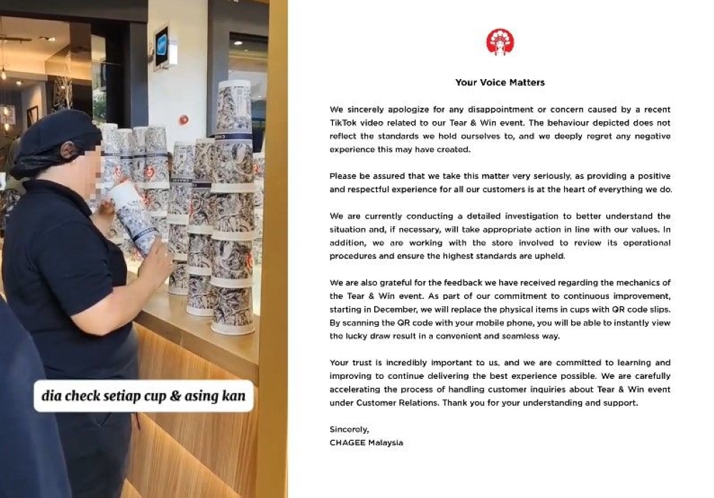 A popular, local tea chain Chagee has issued an apology after a TikTok video went viral, showing one of their staff allegedly rigging a contest. — Screenshot of X/mhmmdhsm and Facebook/my.chagee
