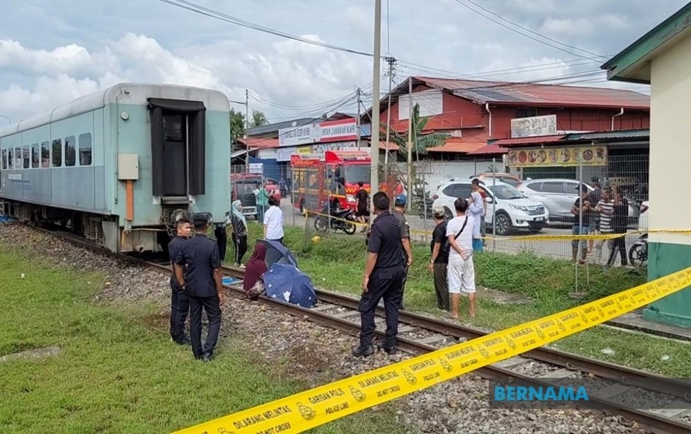 The site of the train accident near Kampung Petagas is cordoned off. — Picture via X/Bernama