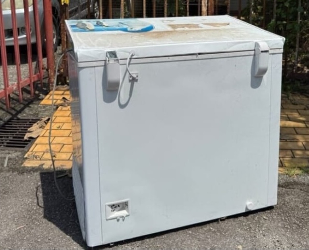 A photo posted online shows the freezer where the woman’s body had been stored for the past three years.