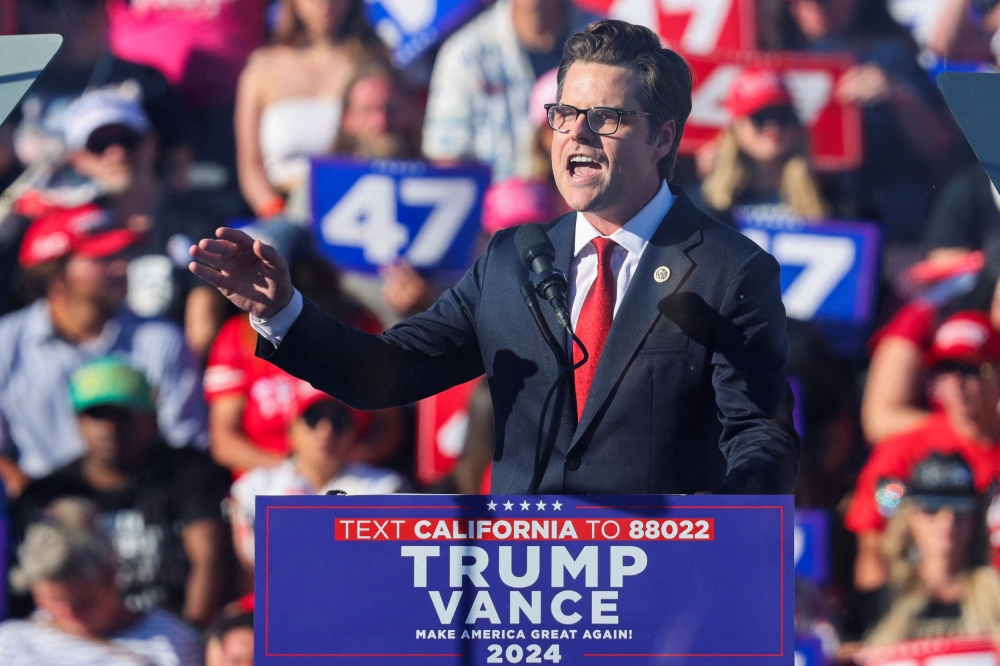 U.S. Representative Matt Gaetz speaks during a rally for Republican presidential nominee Donald Trump, in Coachella, California, U.S., October 12, 2024. — Reuters pic