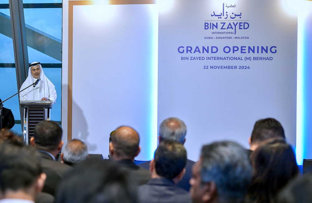 Chairman of Bin Zayed International Group of Companies, Sheikh Khaled bin Mohamed bin Zayed Al Nahyan, delivering a speech at the Grand Opening of Bin Zayed International (M) Sdn Bhd at The Exchange TRX. — Bernama pic