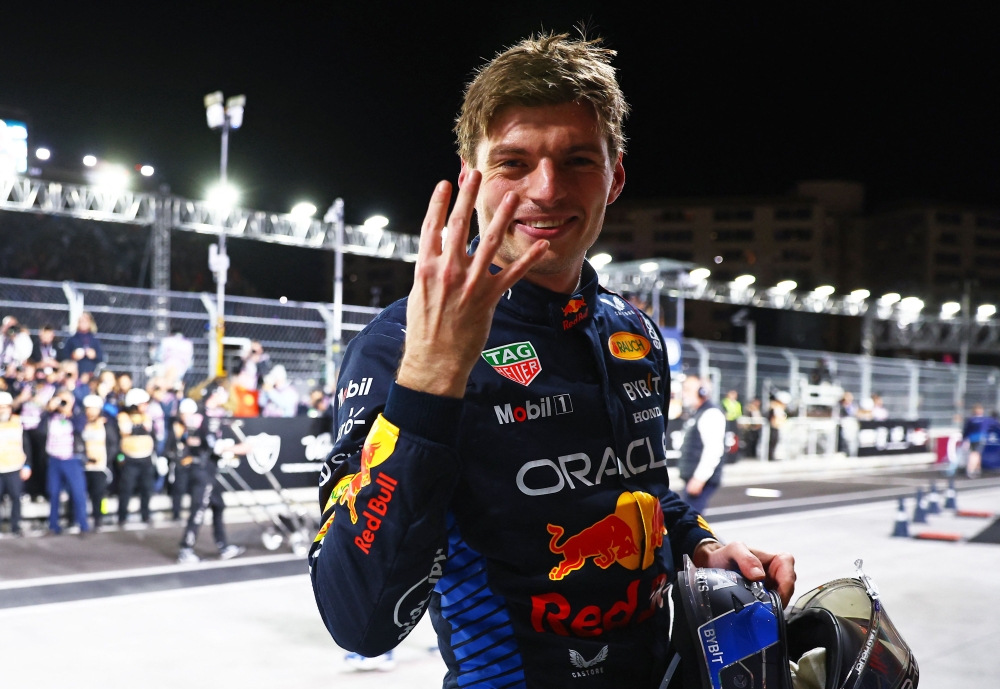 Max Verstappen of the Netherlands and Oracle Red Bull Racing gestures after taking the F1 World Drivers Champion at the Las Vegas Strip Circuit on November 23, 2024. — AFP pic