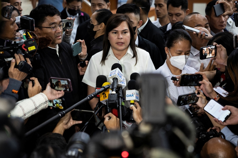 Philippine Vice-President Sara Duterte speaks to the media at the House of Representatives, in Quezon City, Philippines, November 25, 2024. — Reuters pic 