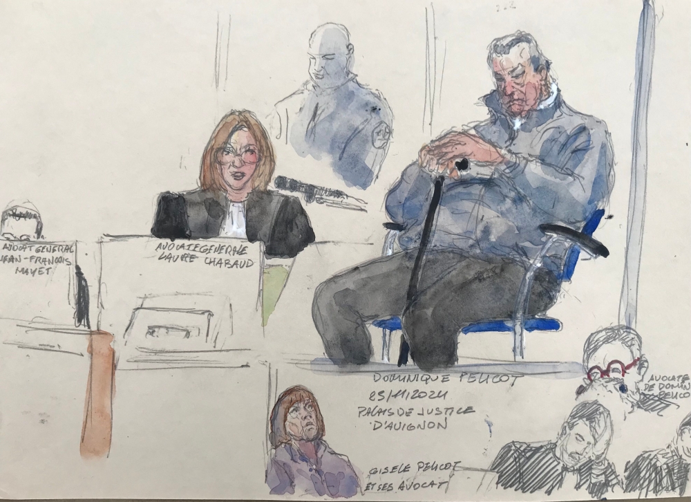 This court sketch created at the Avignon courthouse in Avignon, south-eastern France, on November 25, 2024, shows defendant Dominique Pelicot (top right) during his trial in which he is accused of drugging his wife Gisele Pelicot (bottom centre) for nearly ten years and inviting strangers to rape her at their home in Mazan, a small town in the south of France. — AFP pic