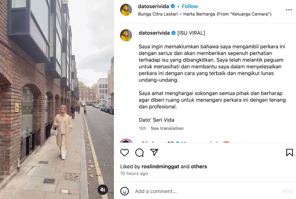 Datuk Vida who is currently overseas posted a short statement on her Instagram. — Instagram screenshot/Datuk Vida