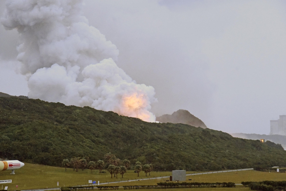 A fire that broke out during an engine combustion test of its Epsilon S rocket under development is seen at Tanegashima Space Centre on the southwestern island of Tanegashima, Japan November 26, 2024, in this photo released by Kyodo. — Kyodo pic via Reuters